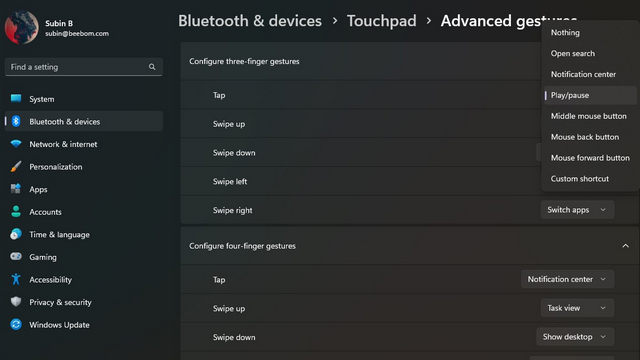 సంజ్ఞల కోసం అనుకూల చర్యలను సెట్ చేయండి